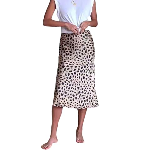 SANSIWU Damen-Satinröcke, lässig, Leopardenmuster, einfarbig, hohe Taille, elastisch, elegant, Seide, lange Röcke, A-Linie, ausgestellt, Midirock, Clubwear, leopard, L von SANSIWU