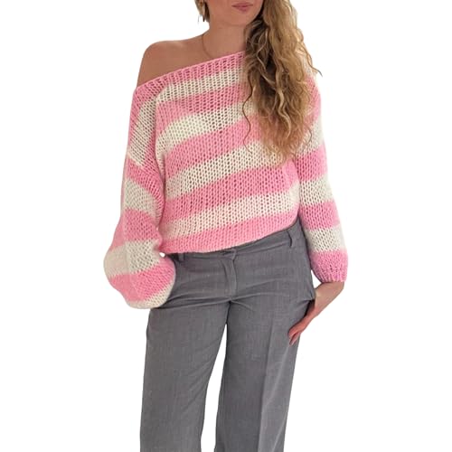 SANSIWU Damen Schulterfrei Gestreifter Pullover Y2k Drop Shoulder Langarm V-Ausschnitt Herbst Gestreift Sweater Oversized Strickpullover Tops, C-02, M von SANSIWU