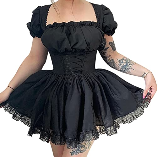 Damen Schwarz Gothic Lolita Spitzenkleid Langarm Schnürung Vintage Punk Puffärmel A Linie Swing Kurz Gothic Kleid, M-schwarz, L von SANSIWU