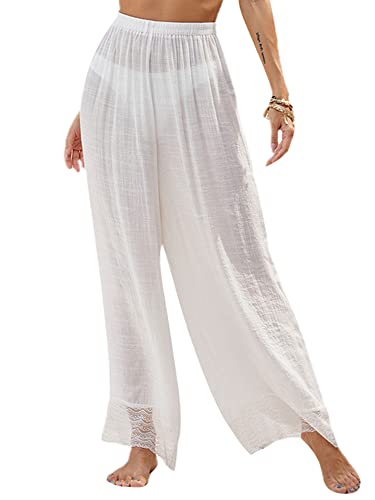 SANSIWU Damen Sheer Mesh Rüschen Hosen Badeanzug Bikini Bottom Cover Up Party Club Elastische Hohe Taille Weites Bein Strandhose, E-White, S von SANSIWU