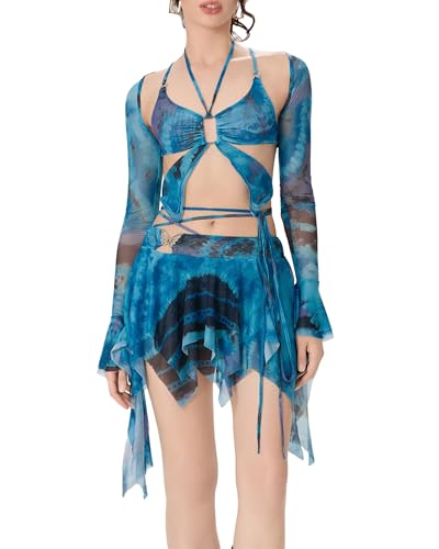 SANSIWU Damen Sommer 3-teiliges Outfit Y2k Langarm Shrug Tops Tie Dye Print Hollow Out Weste Unregelmäßiger Minirock Set Streetwear, Blau a, L von SANSIWU