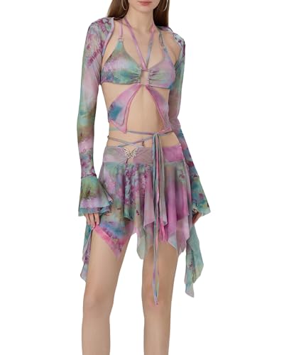 SANSIWU Damen Sommer 3-teiliges Outfit Y2k Langarm Shrug Tops Tie Dye Print Hollow Out Weste Unregelmäßiger Minirock Set Streetwear, Green a, M von SANSIWU