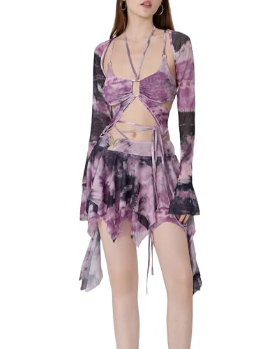 SANSIWU Damen Sommer 3-teiliges Outfit Y2k Langarm Shrug Tops Tie Dye Print Hollow Out Weste Unregelmäßiger Minirock Set Streetwear, Lila a, S von SANSIWU