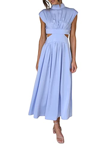 SANSIWU Damen Sommer Ärmellos Plissee Maxikleid Stehkragen Ausschnitt Kleid Lange fließende Kleider Elegant Cocktail Party Formelles Kleid, A-light blue, X-Large von SANSIWU