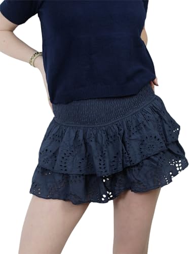 SANSIWU Damen Sommer Hohe Taille Rüschen Minirock Blumendruck A-Linie Bohemian Layered Rüschen Strand Niedlich Rock, Schwarz , S von SANSIWU