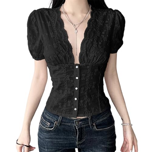 SANSIWU Damen Spitzenstickerei Cropped Tops Y2k Kurze Puffärmel Tiefer V-Ausschnitt Knopfleiste Vorne Dekor Slim Fitted Cardigan, Schwarz , 38 von SANSIWU