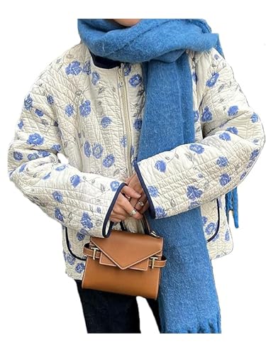 SANSIWU Damen Steppjacke Kontrastbesatz Rundhalsausschnitt Langarm Button Down Wintermantel mit Taschen Casual Streetwear, B-sky blue, L von SANSIWU