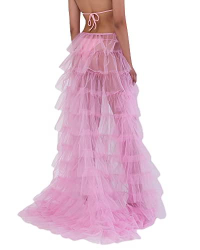 SANSIWU Langer Damen-Tüllrock, Maxirock, Netzstoff, für Hochzeit, Party, Cocktailkleid, Abschlussball, sexy Überrock, X-pink, Einheitsgröße von SANSIWU