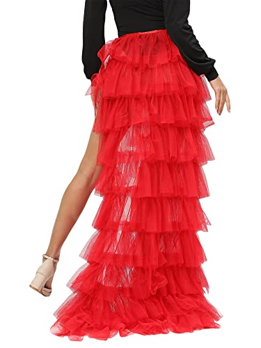 SANSIWU Damen Tüll Tutu Lange Röcke Hochzeit Party Cocktail Abschlussball Bandage Mesh Maxikleid Overlay Lang Sexy Kleid, Y-rot, Einheitsgröße von SANSIWU