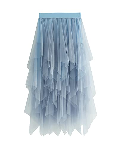 SANSIWU Tüllrock für Damen, Blumendruck, Netzstoff, elastisch, hohe Taille, mehrlagiger Tutu-Rock, A-Linie, Midi-Rock, weibliche Röcke, C-Blau, Einheitsgröße von SANSIWU