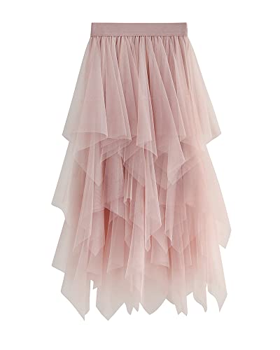 SANSIWU Damen Tüllrock Blumendruck Mesh Elastisch Hohe Taille Layered Tutu Rock A-Linie Midi Rock Damen Röcke, C-pink, Einheitsgröße von SANSIWU