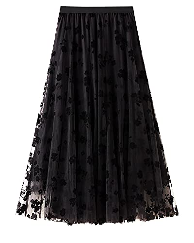 SANSIWU Damen Tüllrock Blumendruck Mesh Elastisch Hohe Taille Layered Tutu Rock A-Linie Midi Rock Damen Röcke, B-schwarz, Einheitsgröße von SANSIWU