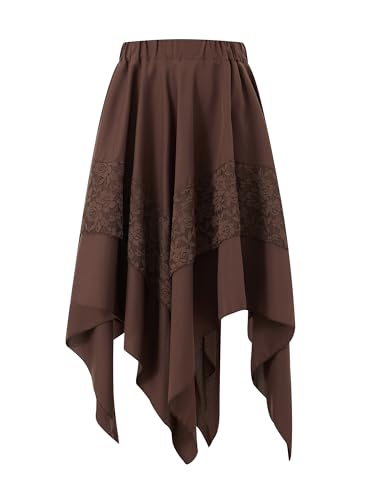 SANSIWU Damen Vintage Steampunk Spitze Patchwork Midi Rock Renaissance Y2k Asymmetrisch Flowy Fairy Layered Cosplay Kostüm, A-Kaffee, L von SANSIWU