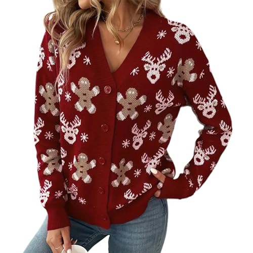 SANSIWU Damen Weihnachtspullover Cardigan Y2k Langarm V-Ausschnitt Knopfleiste Elch Lebkuchenmann Druck Strickwaren hässliche Weihnachtspullover, burgunderfarben, M von SANSIWU
