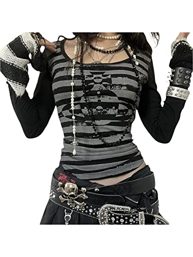 SANSIWU Damen Y2K Grafikdruck Spitzenbesatz Strickwaren Gothic Street Vintage T-Shirt Langarm Einfarbig Tops Pullover Grunge, A-schwarz, Large von SANSIWU