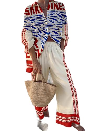 SANSIWU Damen Y2k 2-teiliges Outfit Bohemian Vintage Button Down Shirt und Hose mit weitem Bein Urlaub Strand Set, A-Blau 1, L von SANSIWU