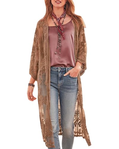 SANSIWU Damen Y2k Badeanzug Cover Ups Floral Sheer Mesh Durchsichtige Häkelspitze Cardigan Lange Offene Spitze Kimono Strand, A-05, Einheitsgröße von SANSIWU