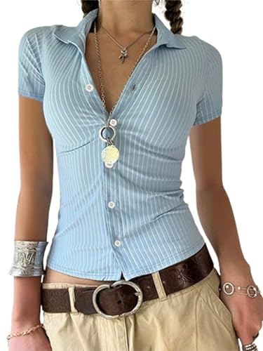SANSIWU Damen Y2k Coquette Button-Down-Shirt adrette Flügelärmel V-Ausschnitt Slim Fit Crop Top Vintage Slim Fit Rüschen Top, B-Blau 2, S von SANSIWU