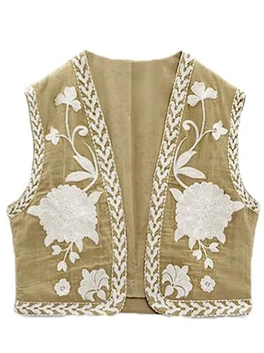 SANSIWU Damen Y2k Vintage Retro Blume bestickte Weste Boho ärmellose Mode Bluse vorne offen Cropped Weste Cardigan Jacke, A-Kaki, L SANSIWU Damen Y2k Vintage Retro Blume bestickte Weste Boho ärmellose Mode Bluse vorne offen Cropped Weste Cardigan Jacke, A-Kaki, L von SANSIWU