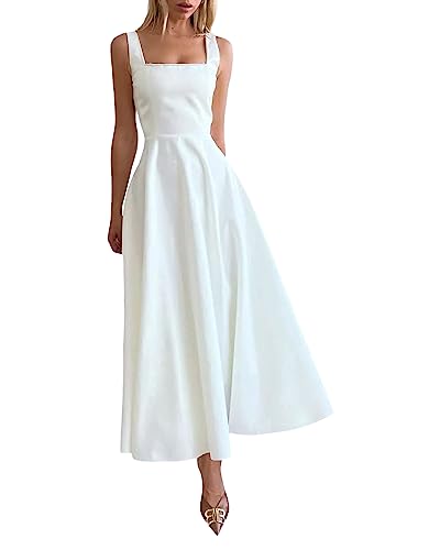 SANSIWU Damenkleid mit hoher Taille, A-Linie, ärmellos, quadratischer Ausschnitt, elegant, einfarbig, Kleid für Sommer, Tanzparty, A-weiß, Medium SANSIWU Damenkleid mit hoher Taille, A-Linie, ärmellos, quadratischer Ausschnitt, elegant, einfarbig, Kleid für Sommer, Tanzparty, A-weiß, Medium von SANSIWU