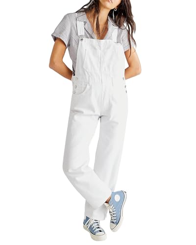 SANSIWU Frauen Denim Lange Jumpsuit Casual Verstellbarer Riemen Denim Lätzchen Breites Bein Strampler 90er Jahre Retro Revolt Latzhose Overalls, A-weiß, 42 von SANSIWU
