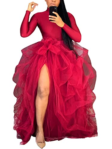 SANSIWU Frauen Tüll Tutu Lange Röcke Bandage Mesh Maxikleid Überrock Bodenlanges Kleid High-Waist Halbkleid A-Linie Puff Mesh Maxi, rot (a), Einheitsgröße von SANSIWU