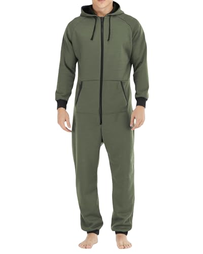 SANSIWU Herren-Jumpsuits mit Kapuze, einfarbig, Kordelzug, Fleece, Sweatshirts, Strampler, durchgehender Reißverschluss, Hoodies Overalls, A-grün, M von SANSIWU