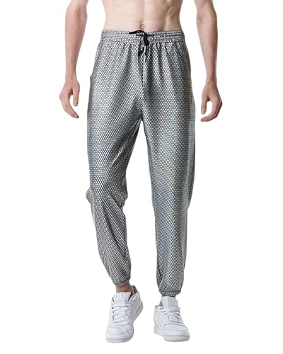SANSIWU Herren Metallic Disco Glänzende Jogginghose Kordelzug Elastische Taille Pailletten Hosen Hip Hop Dance Fluoreszierende Harajuku Nachthose, B-silver, 56 von SANSIWU