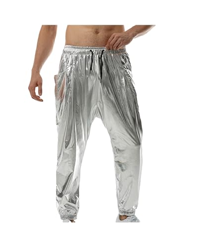 SANSIWU Herren Metallic Disco Glänzende Jogginghose Kordelzug Elastische Taille Pailletten Hosen Hip Hop Dance Fluoreszierende Harajuku Nachthose, silber, 27-32 von SANSIWU