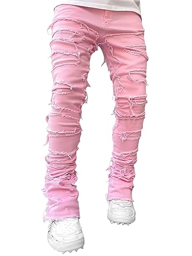 SANSIWU Jeans für Herren Stretch Fit Skinny Stacked Ripped Destroyed Jeans Fit Y2K Stacked Patch Jeans Hip Hop Streetwear Straight Hose, A-Pink, M von SANSIWU