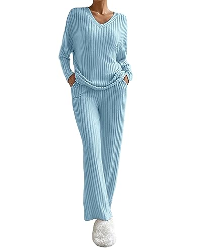 SANSIWU Lässige Strick-Outfits für Damen, mittellang, Rundhalsausschnitt, Pullover, Oberteil und Hose mit weitem Bein, 2-teiliges Loungewear-Set, Streetwear, D-Blau, 38 von SANSIWU