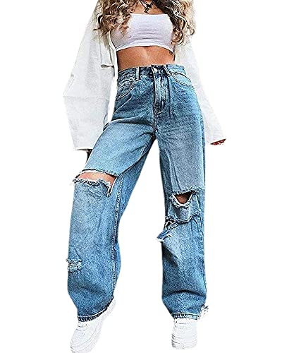 SANSIWU Y2K Baggy Damen Jeans mit hoher Taille, gerades weites Bein, zerrissene Jeans, Schmetterling, einfarbig, weites Bein, legere Streetwear-Denim-Hose, D-Blau, S von SANSIWU