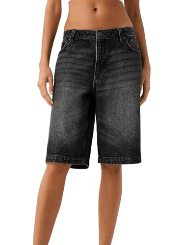 SANSIWU Y2k Damen-Bermuda-Shorts, Denim-Shorts, Vintage, niedrige Taille, weites Bein, Baggy-Jeans-Shorts mit Taschen, Retro, lockere Passform, lange Jorts, B-schwarz, XS von SANSIWU
