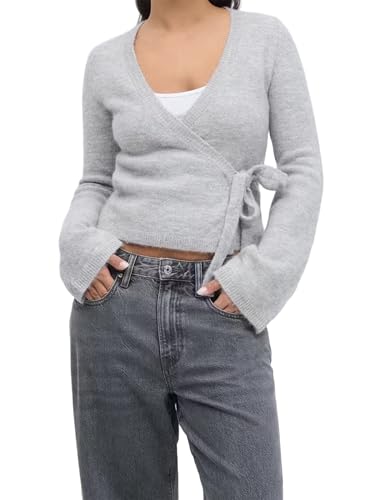 Y2K Strick-Cardigan für Damen, langärmelig, zum Binden vorne, fester Strickpullover, Herbst-Outfits, grau, M von SANSIWU