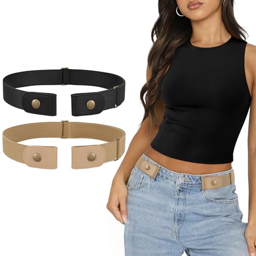 SANSTHS 2Stück Gürtel Ohne Schnalle Damen Herren Elastischer Stretch Justierbarer Unsichtbare Gürtel Elastisch (2 Pcs B-schwarz+khaki, L:Für Taillenumfang 95-150CM) von SANSTHS