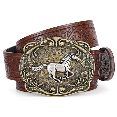 SANSTHS Cowboy Gürtel Herren und Damen Blumenprägung Wild Pferd Western Leder Schnalle Gürtel für Jeans Western Outfit Westerngürtel Geburtstagsgeschenk Pferd Braun XXL von SANSTHS