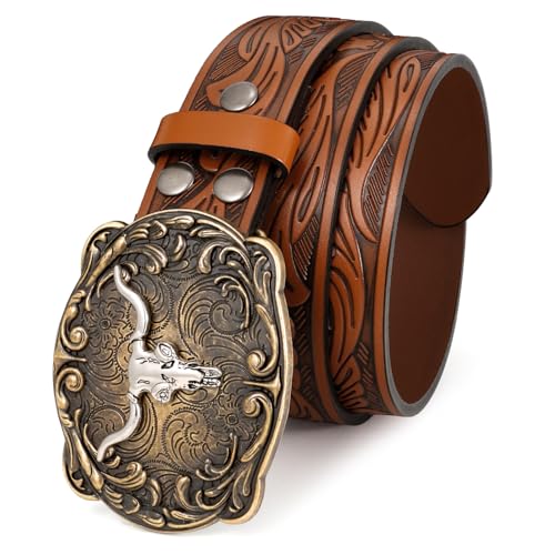 SANSTHS Cowboy Gürtel Western Style Leder Gürtel Herren Longhorn Stier Blumengravur Frauen Braun große Schnalle Westerngürtel Langhorn Braun XL von SANSTHS