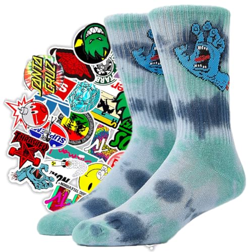 SANTA CRUZ Socks Screaming Hand Socks Original Socken & 20 Sticker Skateboard Einheitsgröße 38/46, Tie Dye Marine + Stick, One size von SANTA CRUZ