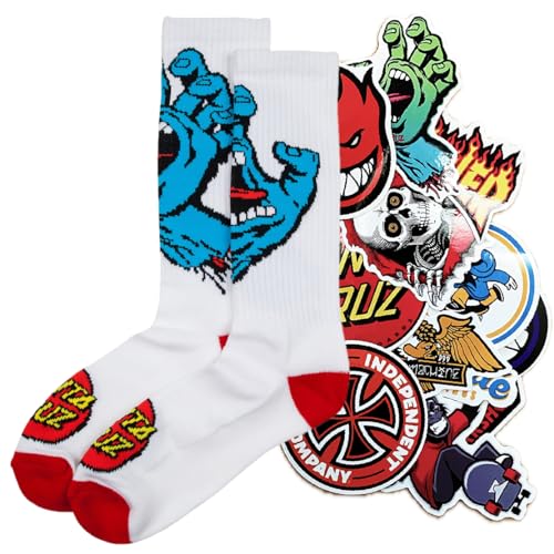SANTA CRUZ Socks Screaming Hand Socks Original Socken & 20 Sticker Skateboard Einheitsgröße 38/46, Weiß mit 20 Stickern, One size von Santa Cruz