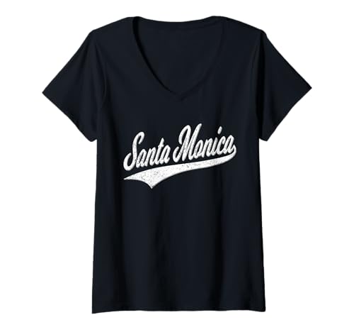 Damen SANTA MONICA CA, VARSITY-SKRIPT, KLASSISCHER SPORTTRIKOT-STIL T-Shirt mit V-Ausschnitt Damen SANTA MONICA CA, VARSITY-SKRIPT, KLASSISCHER SPORTTRIKOT-STIL T-Shirt mit V-Ausschnitt von SANTA MONICA SOCAL RETRO VINTAGE SCRIPT JERSEY