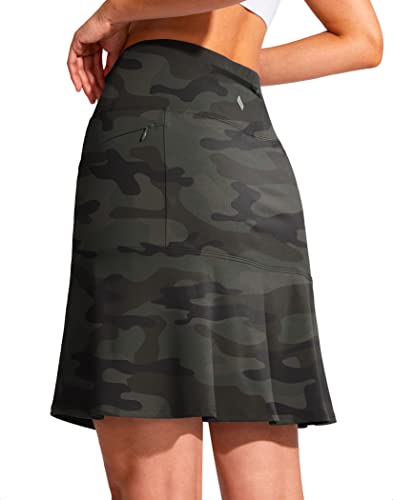 SANTINY 48,3 cm Golf-Skorts, Röcke für Damen, Reißverschlusstaschen, knielang, Skort, Damen, hohe Taille, athletischer Tennisrock, grün camo, Groß von SANTINY