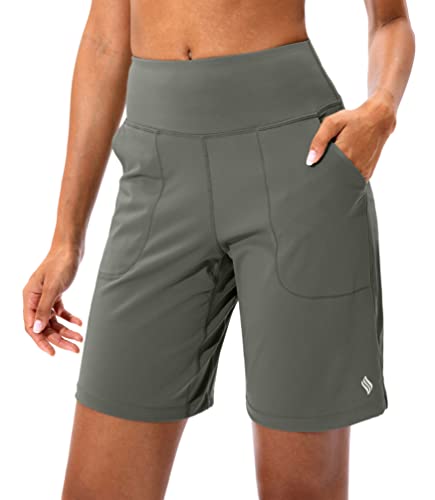 SANTINY Bermuda-Shorts für Damen, mit Reißverschlusstasche, hohe Taille, lange Shorts für Laufen, Workout, Athletic, Grau (Grey Sage), Klein von SANTINY