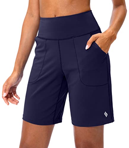 SANTINY Bermuda-Shorts für Damen, mit Reißverschlusstasche, hohe Taille, lange Shorts für Laufen, Workout, Athletic, navy, Klein von SANTINY