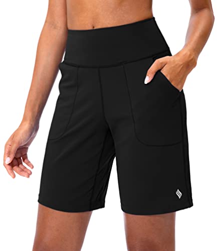 SANTINY Bermuda-Shorts für Damen, mit Reißverschlusstasche, hohe Taille, lange Shorts für Laufen, Workout, Athletic, schwarz, X-Groß von SANTINY