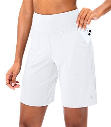 SANTINY Bermudashorts für Frauen mit Reißverschlusstasche, hohe Taille, lange Shorts für Laufen, Workout, Athletisch, A weiß, Klein von SANTINY