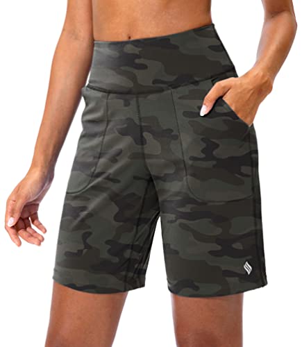 SANTINY Bermudashorts für Frauen mit Reißverschlusstasche, hohe Taille, lange Shorts für Laufen, Workout, Athletisch, Grün, Camouflage, XX-Large von SANTINY