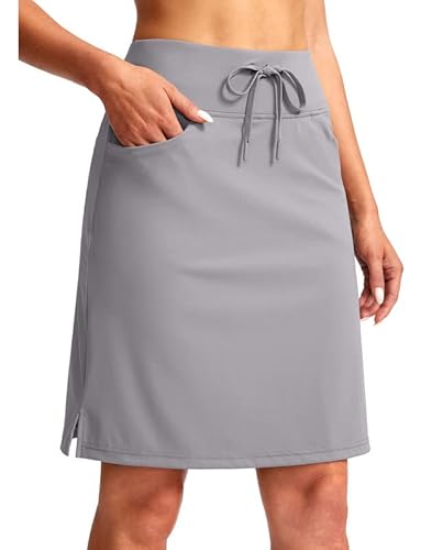 SANTINY Damen 50,8 cm Knielänge Skorts Röcke 6 Taschen Hohe Taille Kordelzug Lange Athletic Tennis Golf Rock Frauen, Hellgrau, Klein von SANTINY