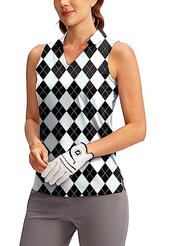 SANTINY Damen Ärmelloses Golf Shirt V-Ausschnitt Tennis Tank Tops Kragen Golf Polo Shirts für Frauen, Blak Blue Argyle, Klein von SANTINY