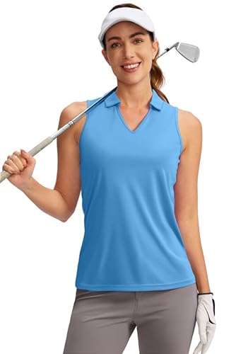 SANTINY Damen Ärmelloses Golf Shirt V-Ausschnitt Tennis Tank Tops Kragen Golf Polo Shirts für Frauen, Himmelblau, X-Groß von SANTINY