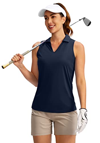 SANTINY Damen Ärmelloses Golf Shirt V-Ausschnitt Tennis Tank Tops Kragen Golf Polo Shirts für Frauen, Marineblau, Mittel von SANTINY